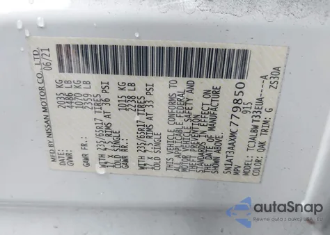 2021 Nissan Rogue S Fwd z USA, uszkodzony, nr VIN 5N1AT3AAXMC779850